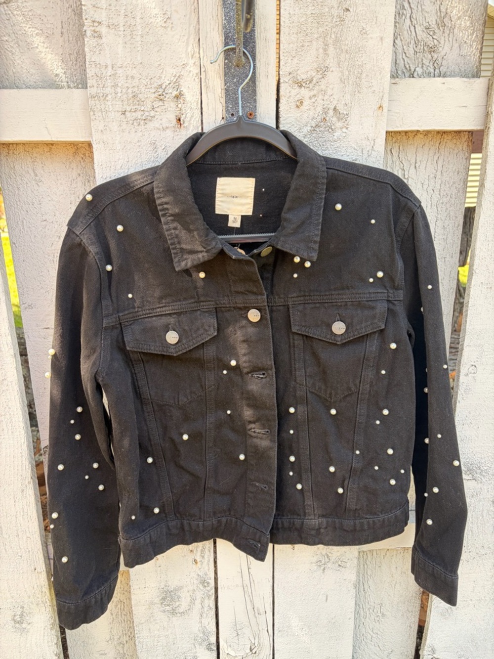 Black Pearl-Stud Denim Jacket - Women’s Jean Jacket